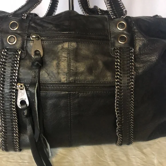 JOELLE HAWKINS large black genuine leather shoulder handbag. Silver hardware. - Picture 5 of 14